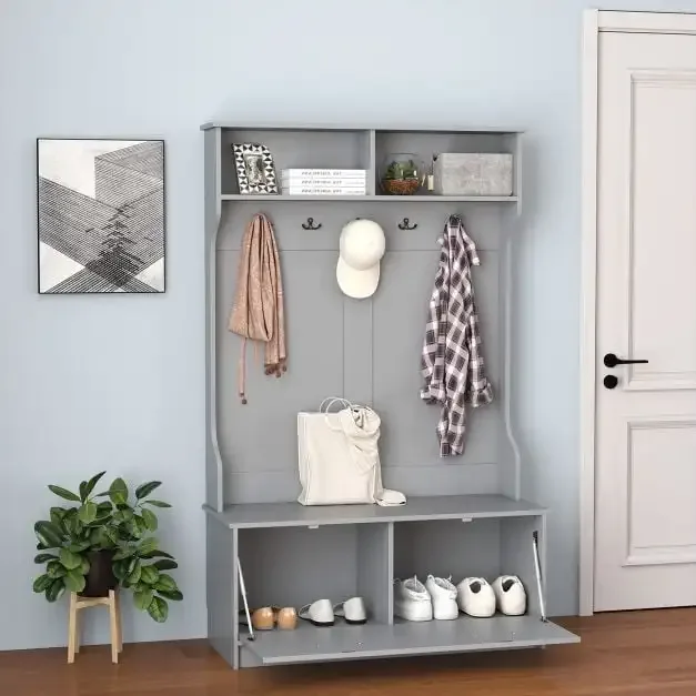 Мебел за антре със закачалка, пейка и шкафче с 5 двойни куки, 160 см, сива, снимка 2