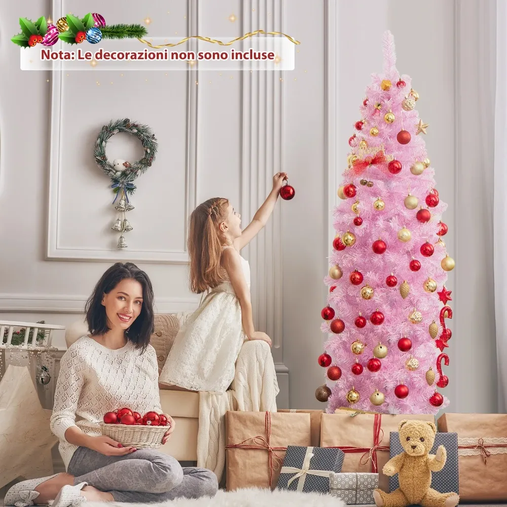 Изкуствена тясна елха с 250 студено бели LED светлини, 180 см, розова, снимка 2