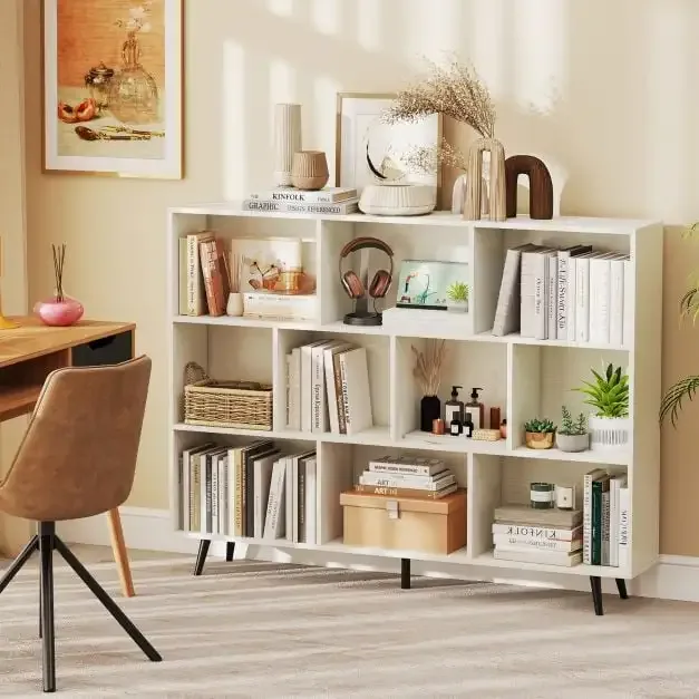 Етажерка с 10 кубични отделения и 5 конусовидни метални крака, 140 × 24 × 107 см, бяла, снимка 3