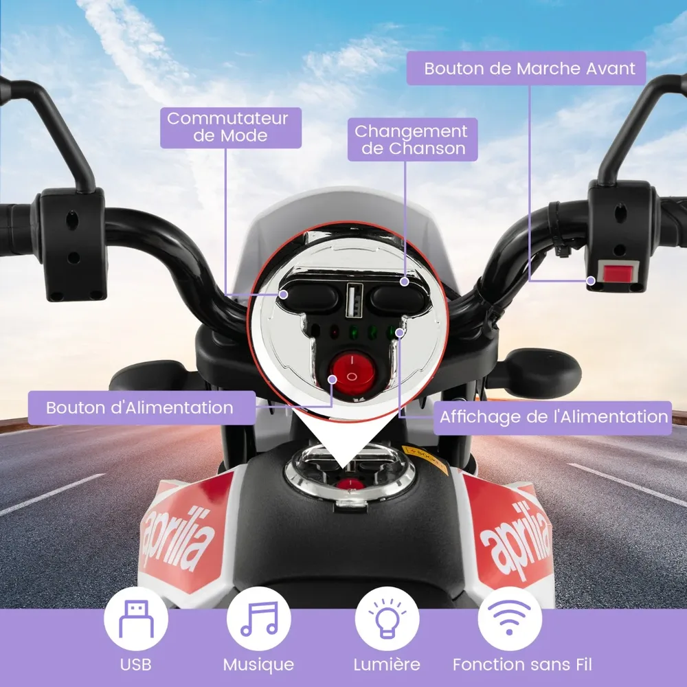 Детски електрически мотор Aprilia 12V с помощни колела, музика и фар, бял, снимка 2