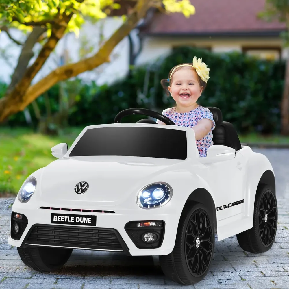 Детска електрическа кола VW Beetle с музика, 2 режима на светлини и дистанционно, бяла