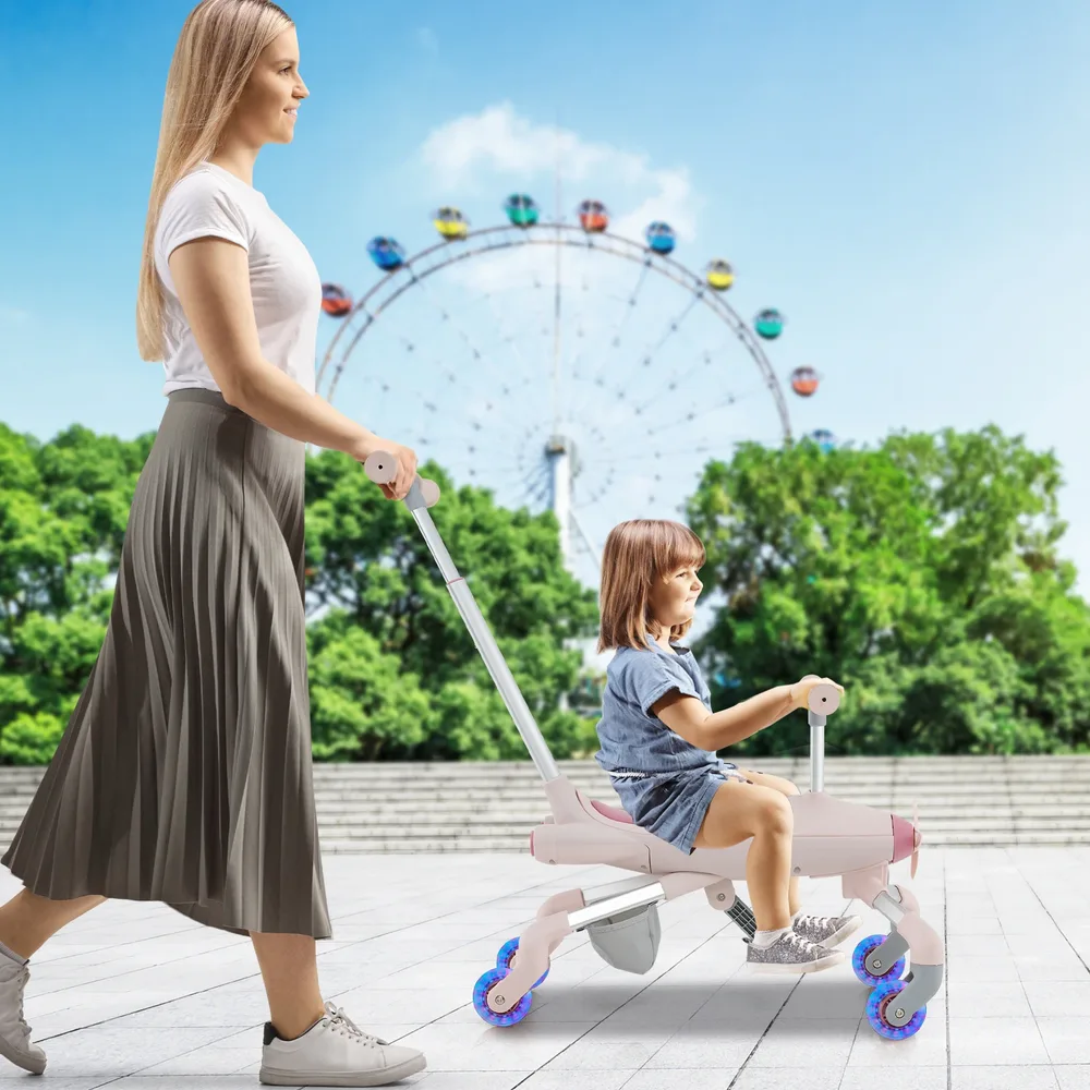 Детска кола 2 в 1 за бутане и каране със светещи LED колела, розова, снимка 3