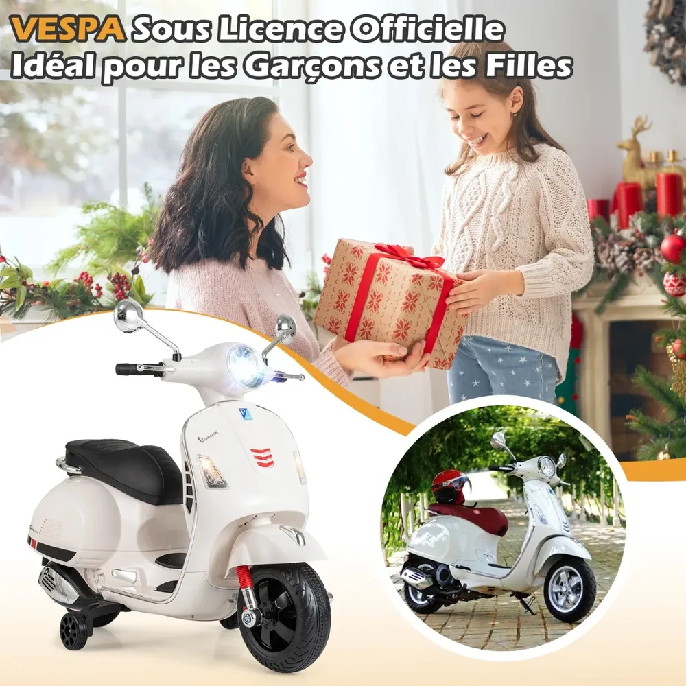 Детски електрически мотор Vespa 12 V с помощни колела, музика и клаксон, бял, снимка 3
