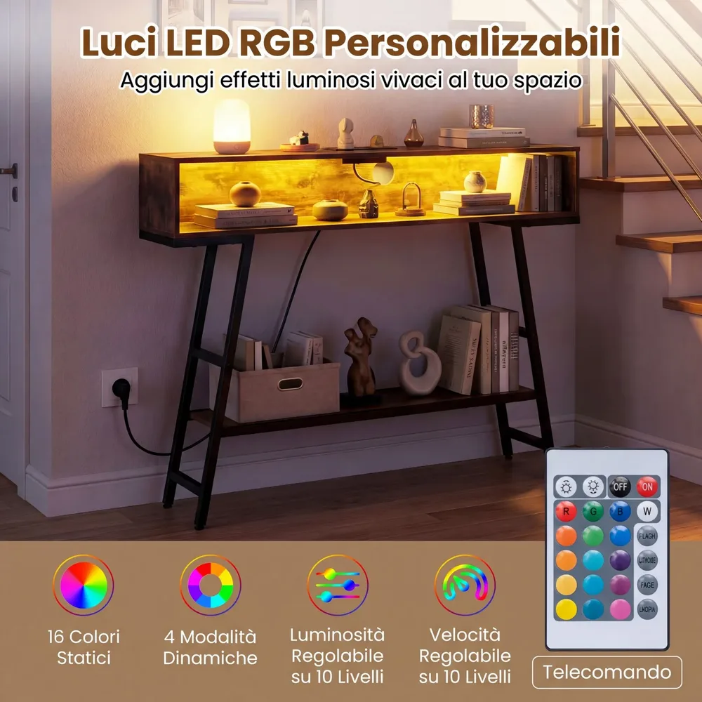Конзолна маса на 3 нива с LED осветление и станция за зареждане, 100 × 20 × 86,5 см, кафява, снимка 8