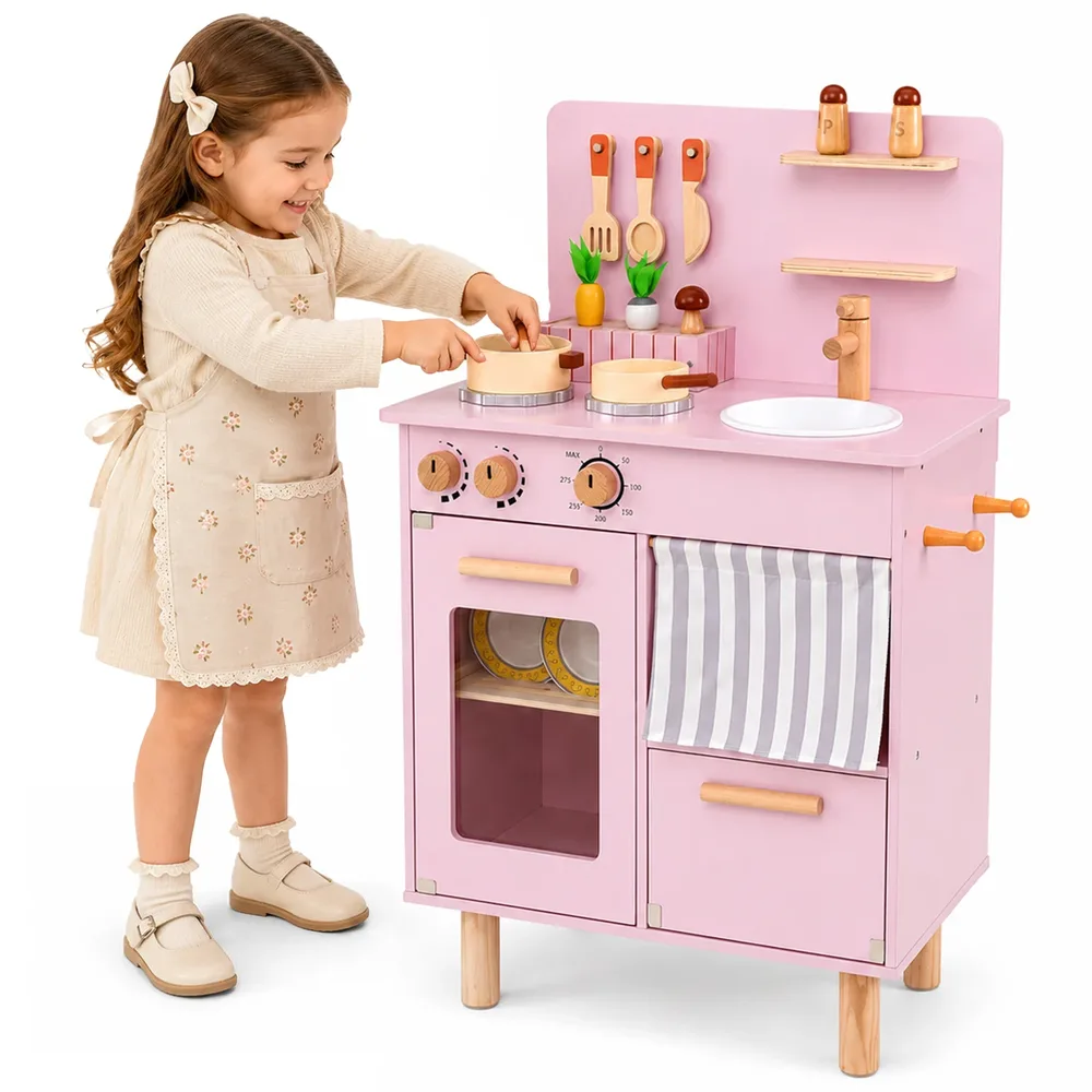 Детска дървена кухня за игра с котлони, чешма и мивка, розова, снимка 2