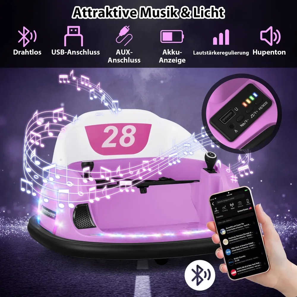Детска електрическа бъмпер кола 12V с въртене на 360° и дистанционно, розова, снимка 7