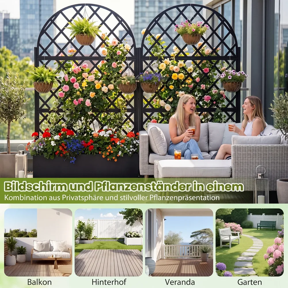 Метална саксия с решетка и параван за уединение, 90 × 40 × 180 см, черна, снимка 2