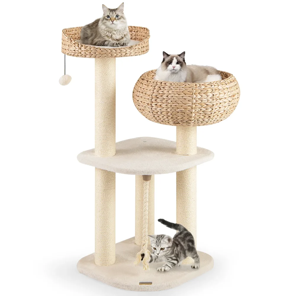 Плетено дърво за котки от воден зюмбюл 104 см с площадка за дрямка, бяло