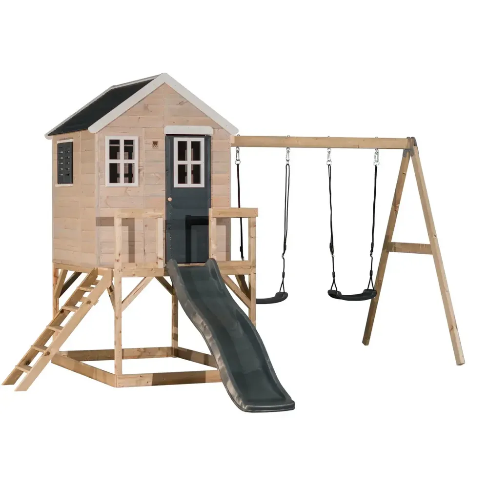 Къща за игра My Lodge с платформа, пързалка и две люлки – червено, снимка 2