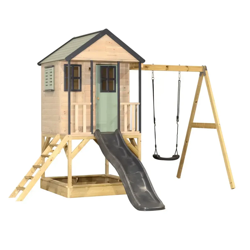 Детска къщичка за приключения Cottage House с платформа, пързалка и една люлка - Пастелно зелен и сив