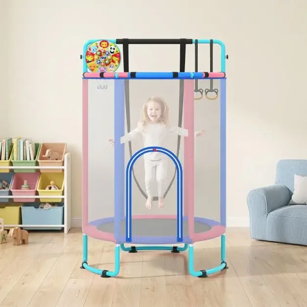 Детски батут 6 в 1 със защитна мрежа и поцинкована рамка, 140 × 140 × 214 см, син, снимка 7
