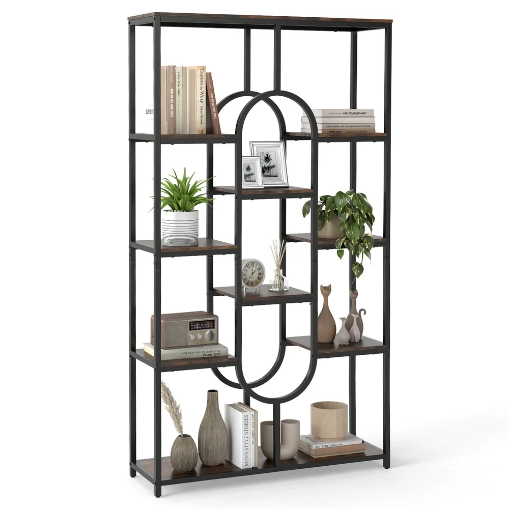Индустриална овална етажерка с 5 открити рафта, 95 × 30 × 175 см, кафява, снимка 3