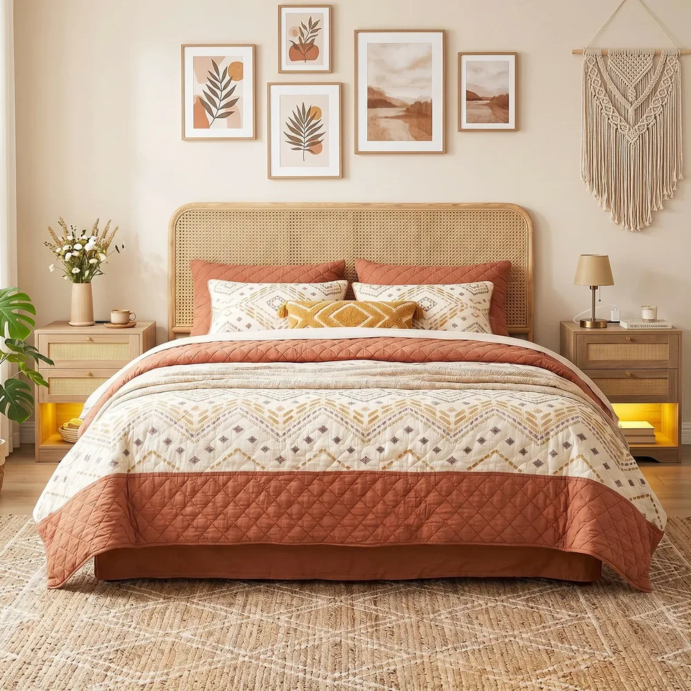 Нощно шкафче със зарядна станция, LED осветление, ратанов вид, 50 × 40 × 60 см, натурално, снимка 5