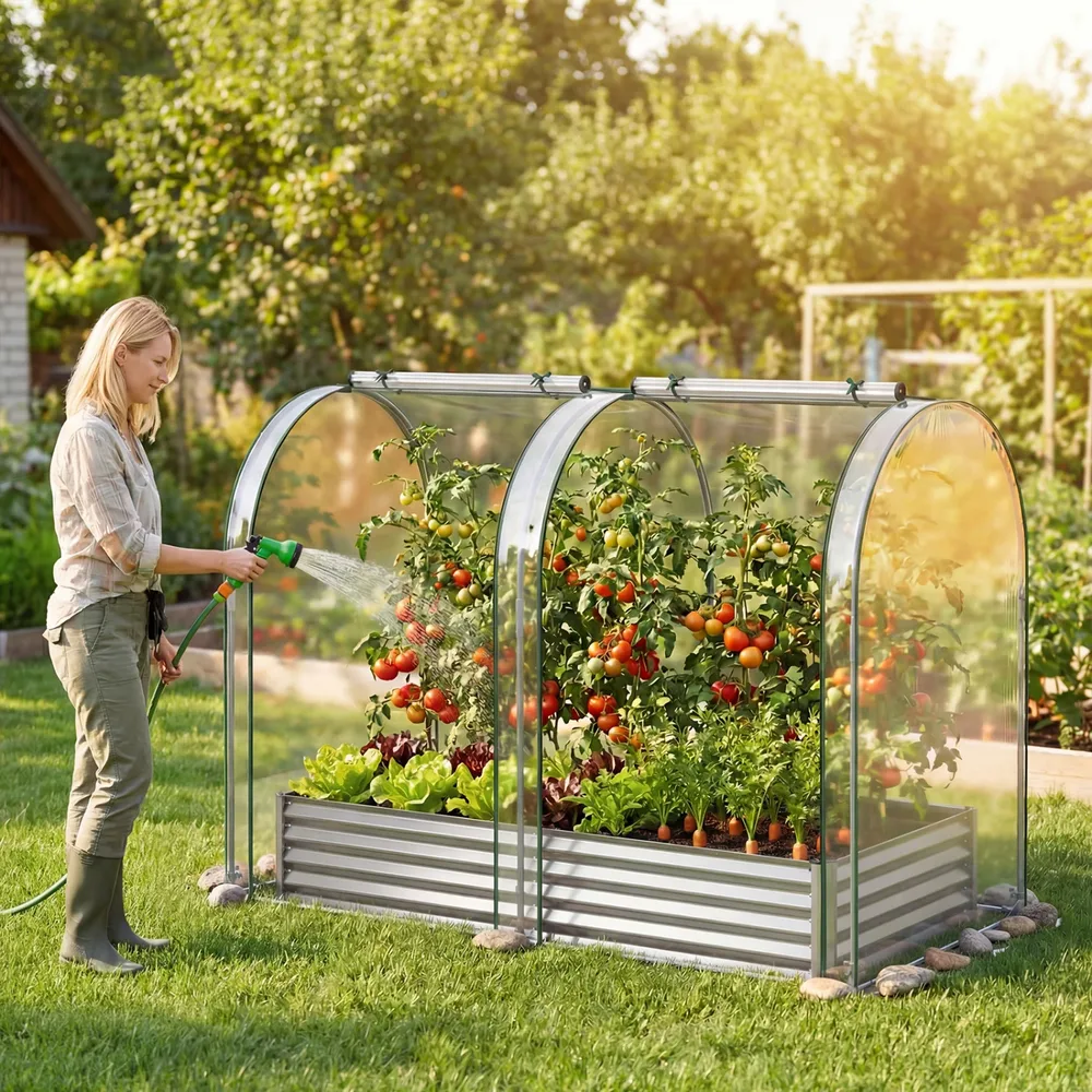 Поцинкована повдигната леха 180 × 90 × 30 см с оранжерийно покритие, сребриста, снимка 3