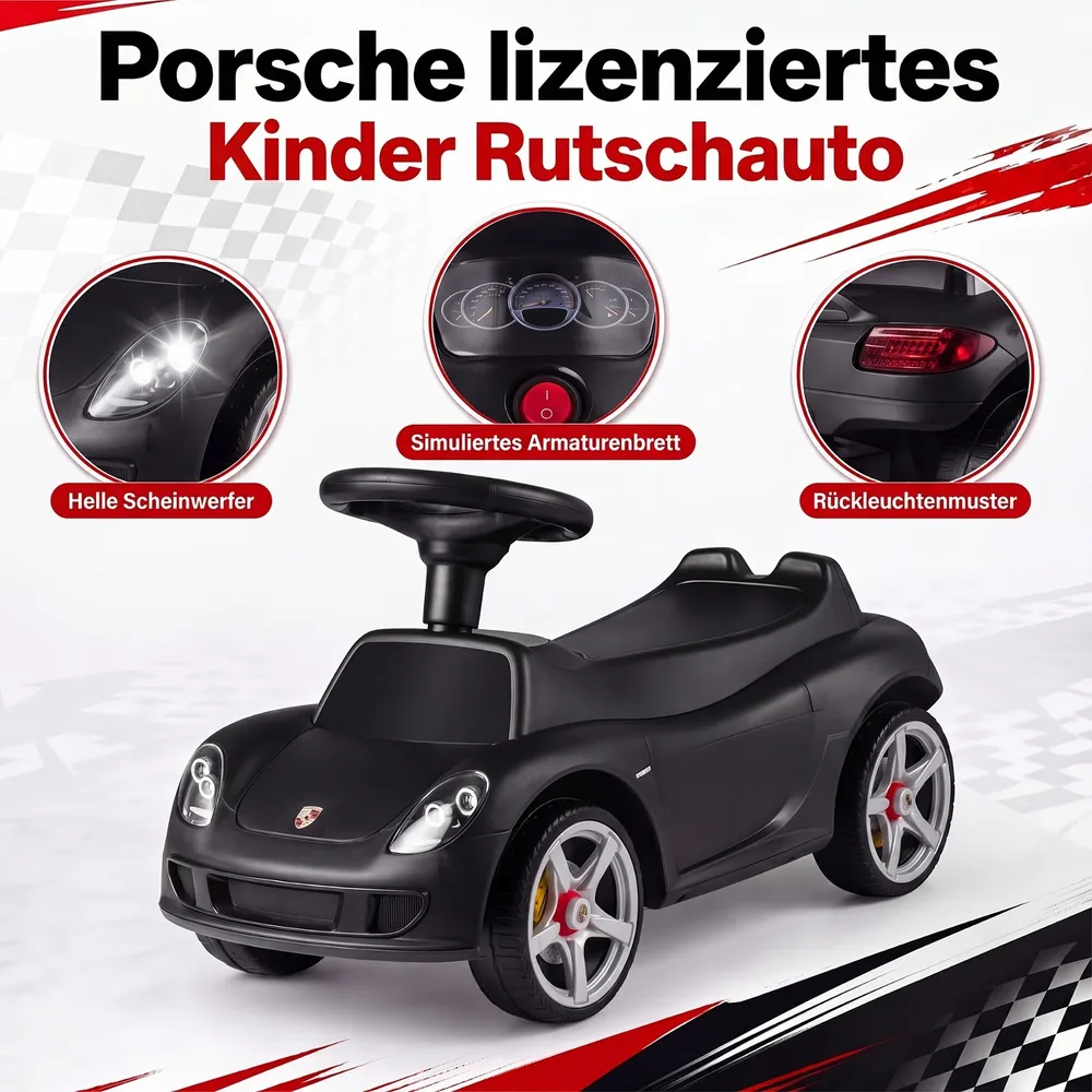 Детска кола за каране с краката Porsche с клаксон и звукови бутони, черна, снимка 6