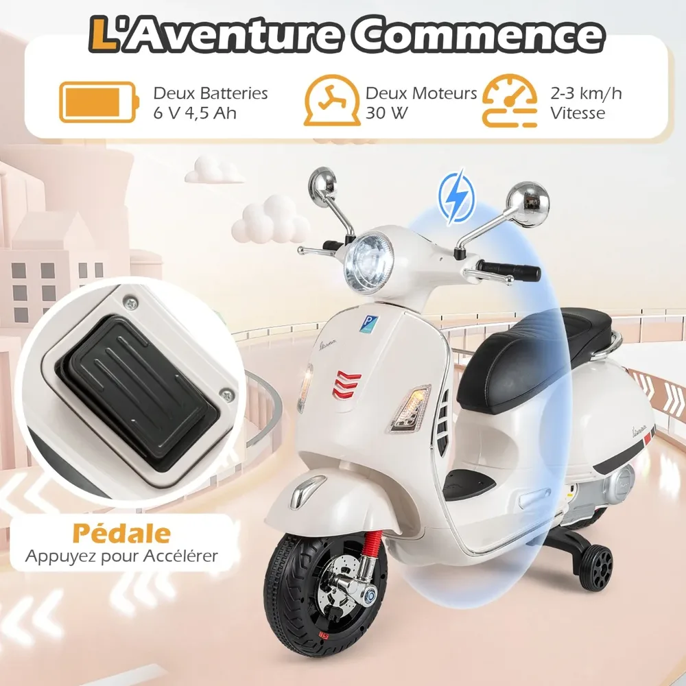 Детски електрически мотор Vespa 12 V с помощни колела, музика и клаксон, бял, снимка 5