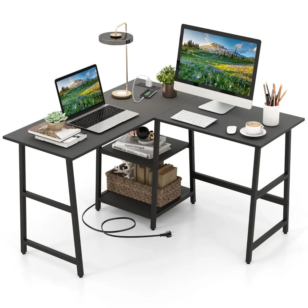 L-образно ъглово бюро с контакти и USB портове 120 × 120 × 75 см, черно, снимка 8