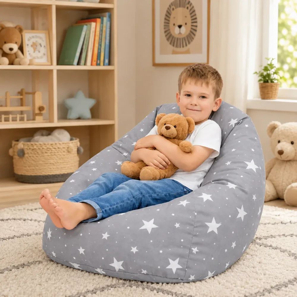 Детски пуф кресло Little Stars, 100% памук, сив барбарон със звезди, 55x44x55 см, снимка 5