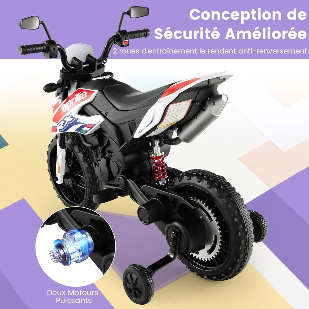 Детски електрически мотор Aprilia 12V с помощни колела, музика и фар, бял, снимка 4