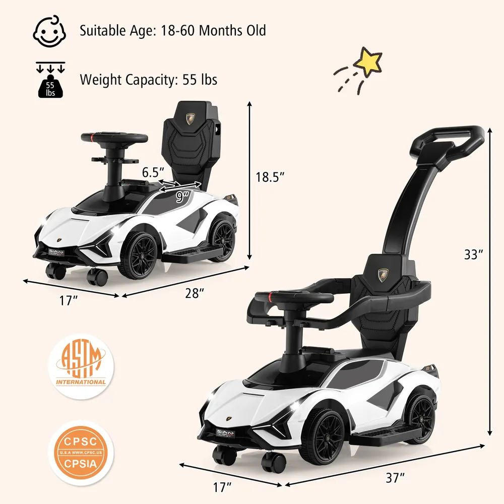 Лицензирана детска кола Lamborghini 3 в 1 за каране и бутане, бяла, снимка 4