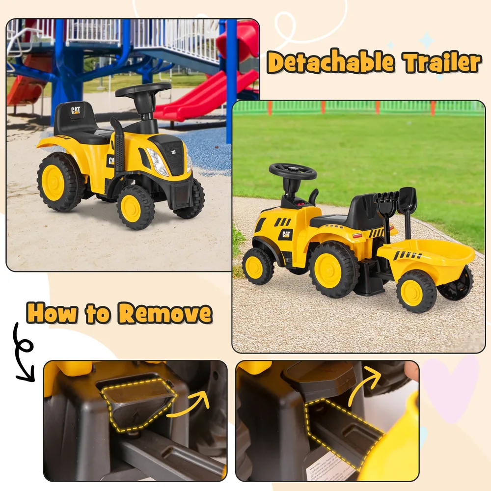 Детски трактор за каране с краката Caterpillar със сваляемо ремарке, жълт, снимка 6