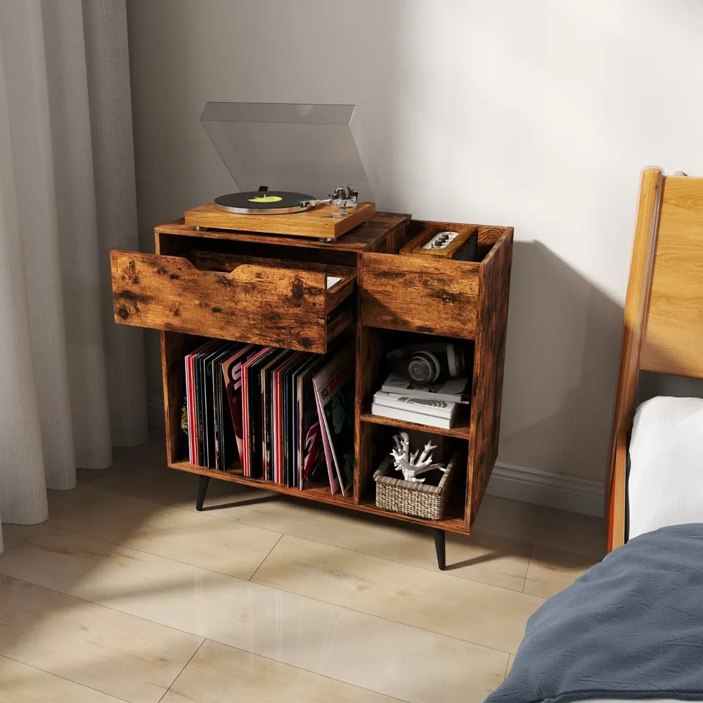 Стойка за грамофон с контакти, USB и Type-C, 79,5 × 40 × 79 см, рустик кафява, снимка 4