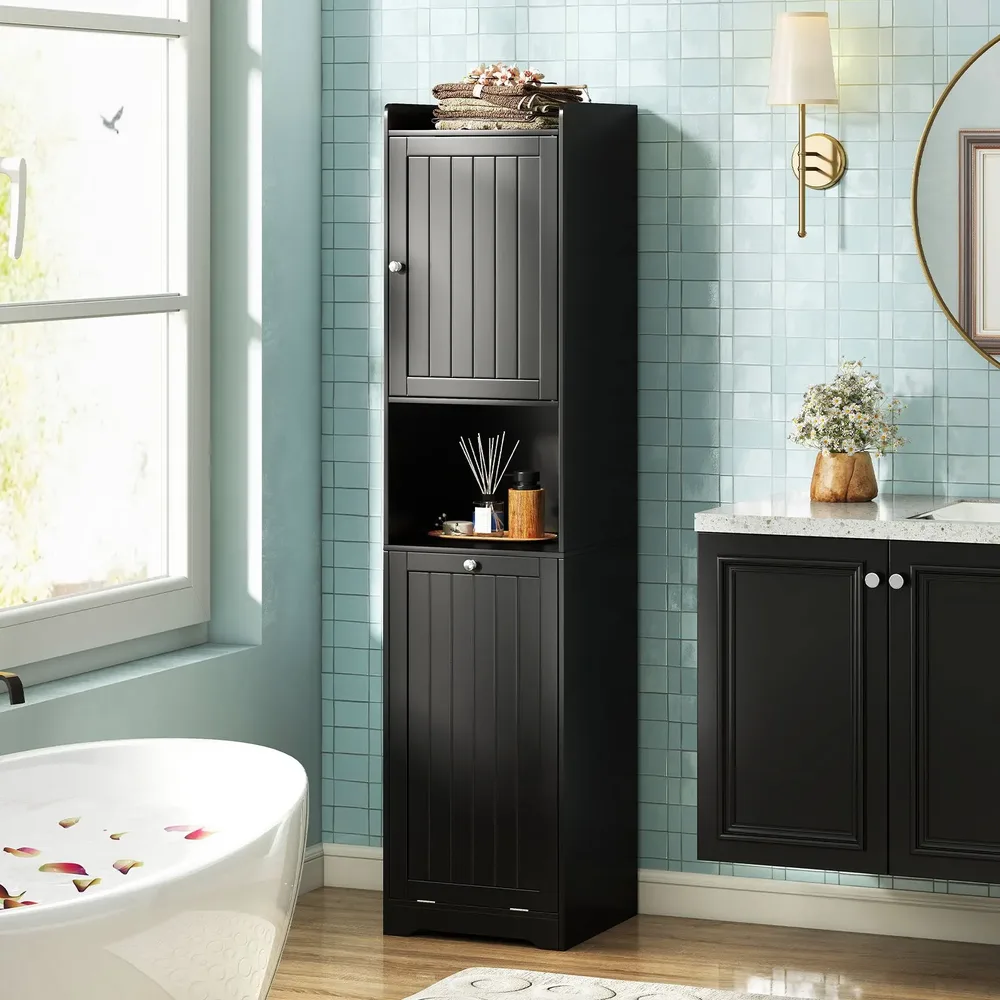 Висок шкаф за баня с кош за пране и регулируем рафт, черен, снимка 4