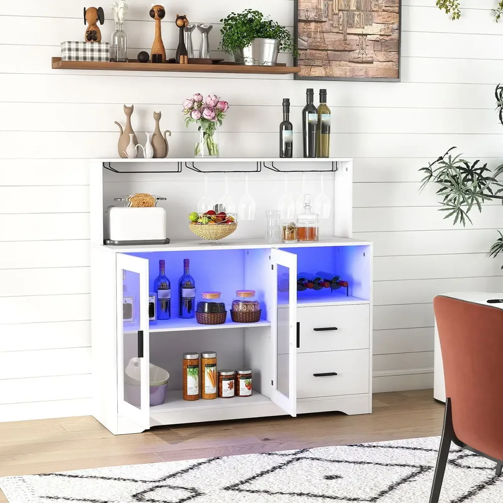 Бюфет с отворени отделения, контакти и LED осветление, 120 × 40 × 115,5 см, бял, снимка 6