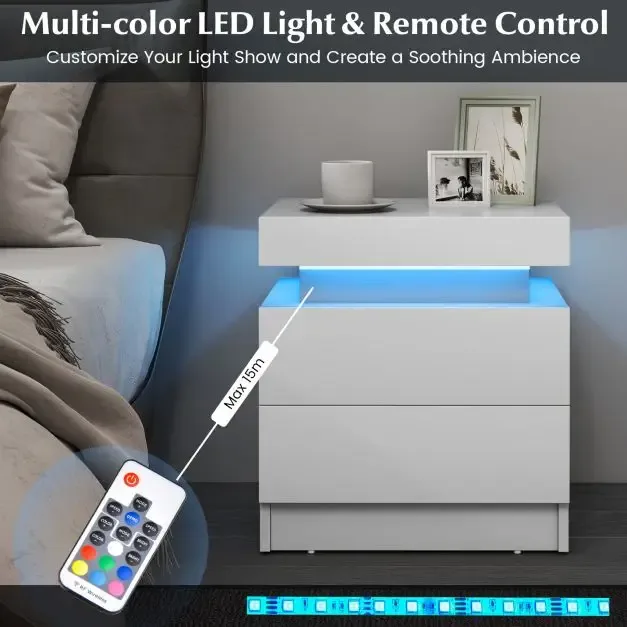 Нощно шкафче с имитация на мрамор, 2 чекмеджета и LED осветление, бяло, снимка 8