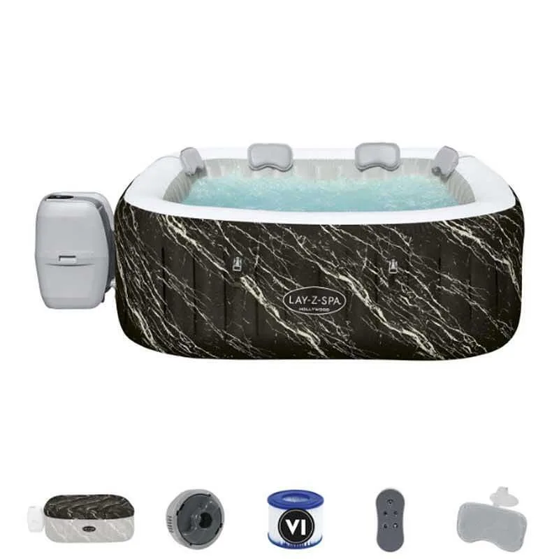 Джакузи надуваемо, 180 × 66 см, Bestway 6001F Lay-Z-Spa Hollywood Luxe, с филтърна система, дозатор за хлор, покривало, облегалки, LED светлини