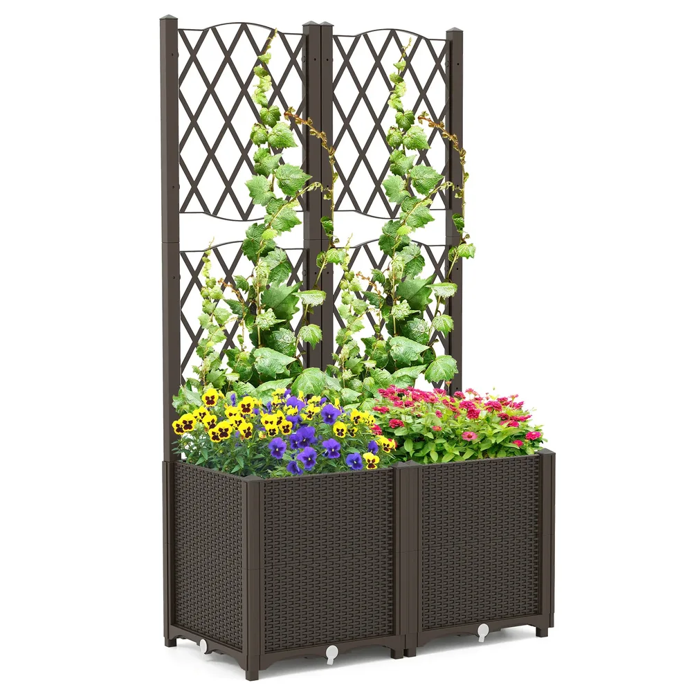 Леха с решетка и самополиване с 2 кутии за растения, 80 × 40 × 140 см, кафява