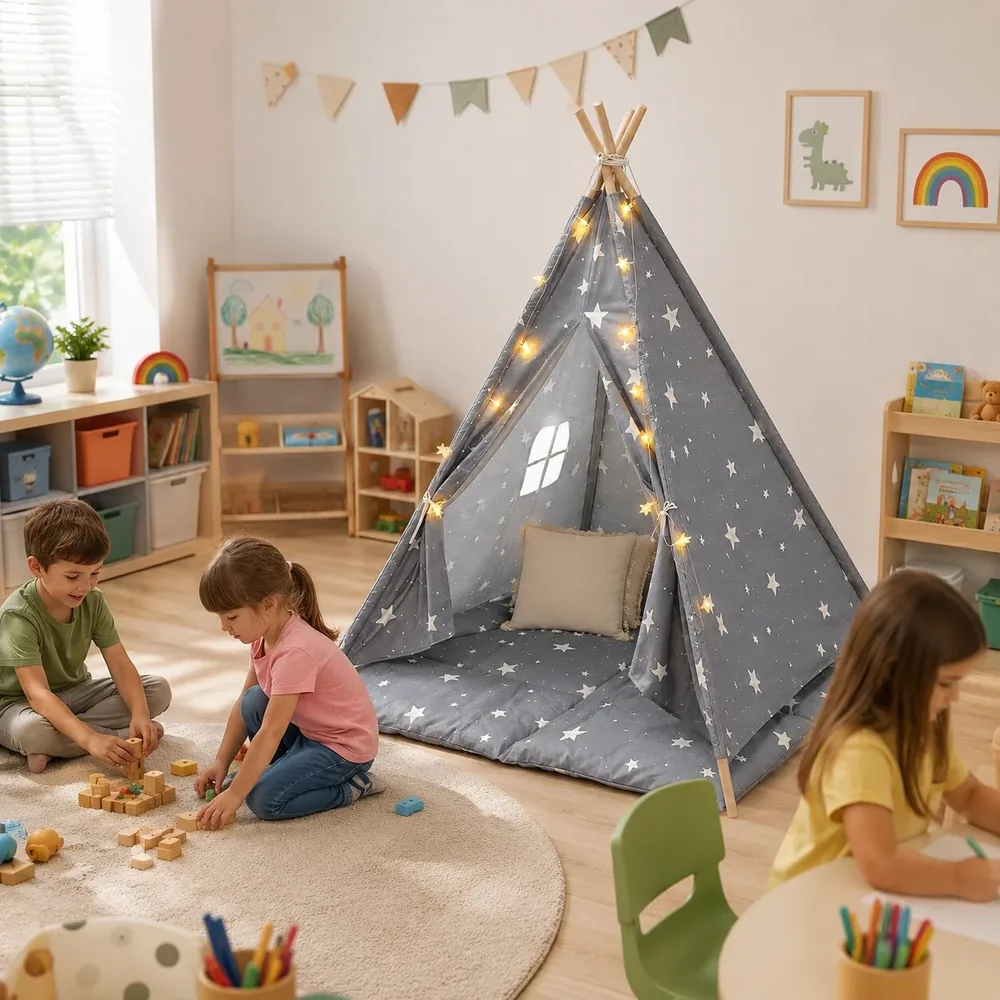 Детска памучна палатка Little Stars, типи, сива със звезди, 100% памук, с мека подложка с пълнеж, възглавница и LED лампички, 120x120x160 см, снимка 8