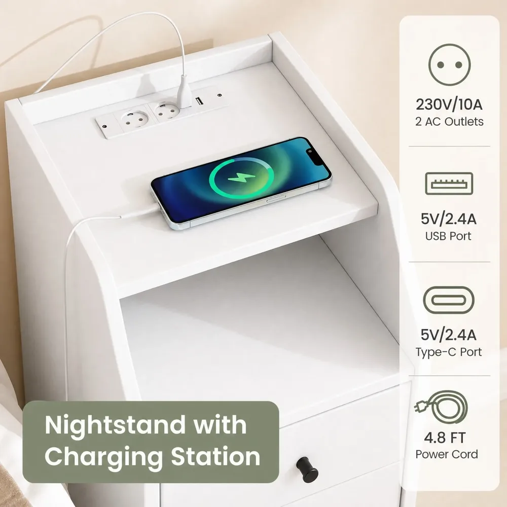 Нощно шкафче с контакти, USB и Type-C портове, отворено отделение и 2 чекмеджета, бяло, снимка 3