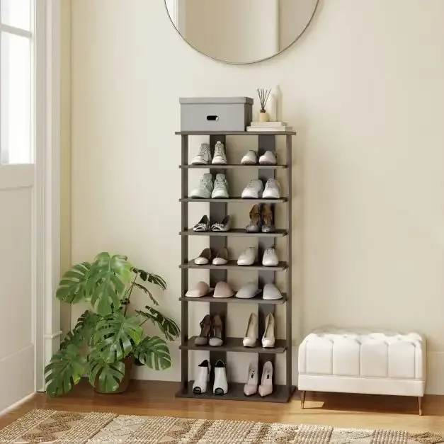 Висока тясна етажерка за обувки със 7 нива, 47 × 25,5 × 110 см, сива, снимка 2