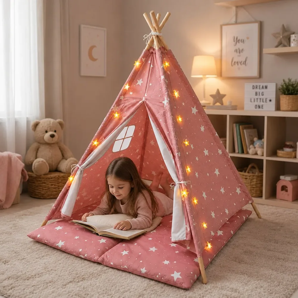 Детска памучна палатка Little Stars, типи, розова със звезди, 100% памук, с мека подложка с пълнеж, възглавница и LED лампички, 120x120x160 см, снимка 7