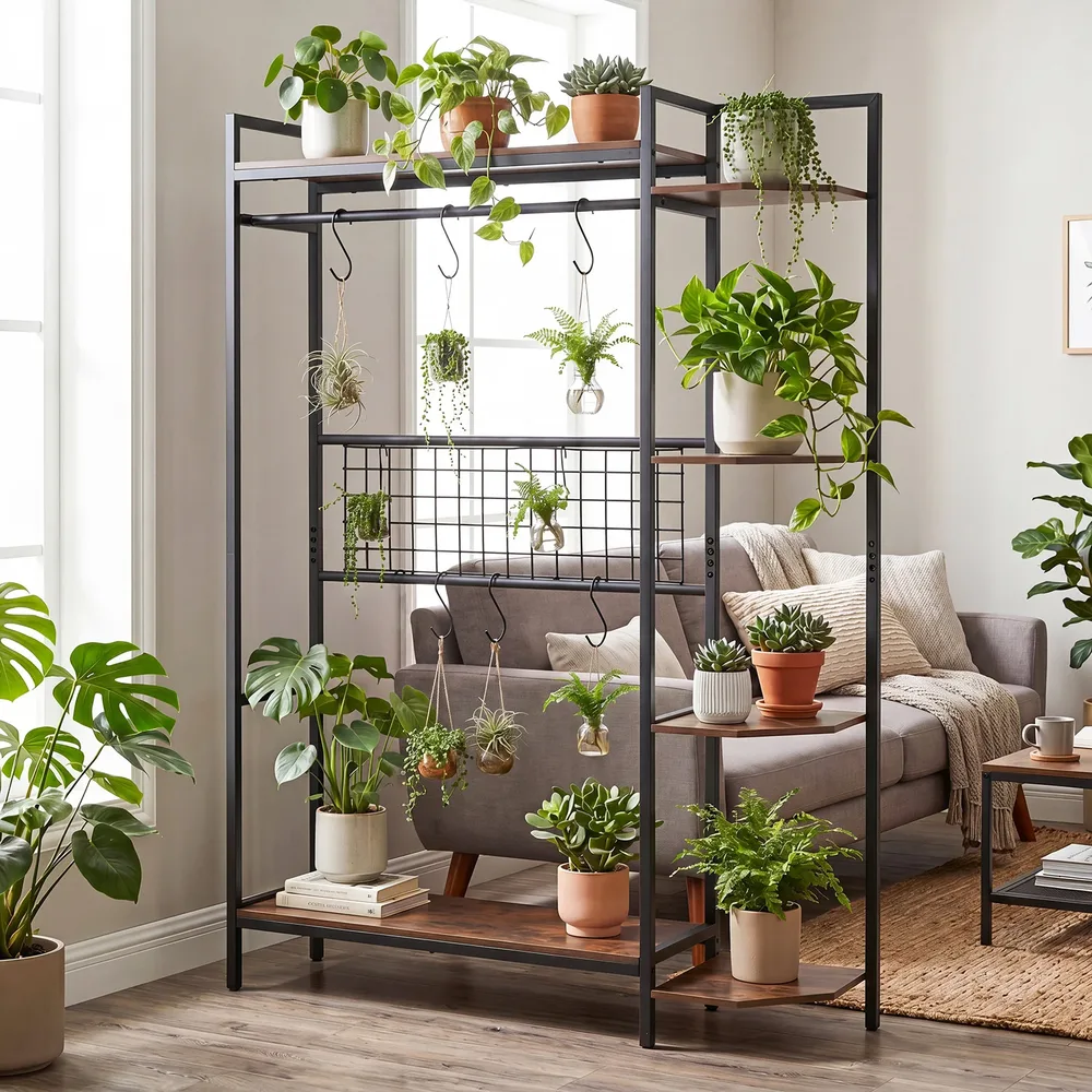 Стойка за цветя с 6 куки и решетка, метална рамка, 113 × 29,5 × 156,5 см, черна/кафява, снимка 3
