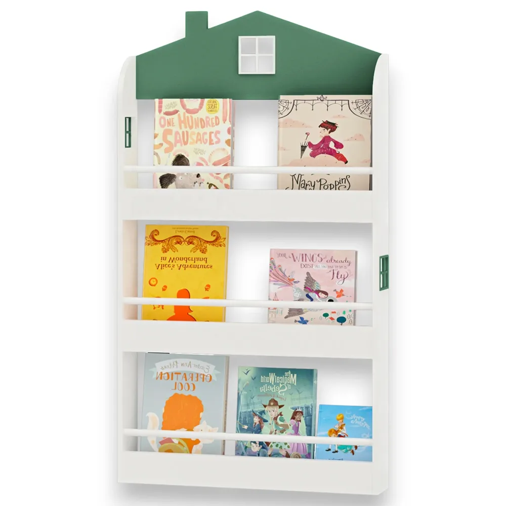 Детска етажерка за книги и играчки – къщичка, 3 рафта, дърво, 60x12x106 см