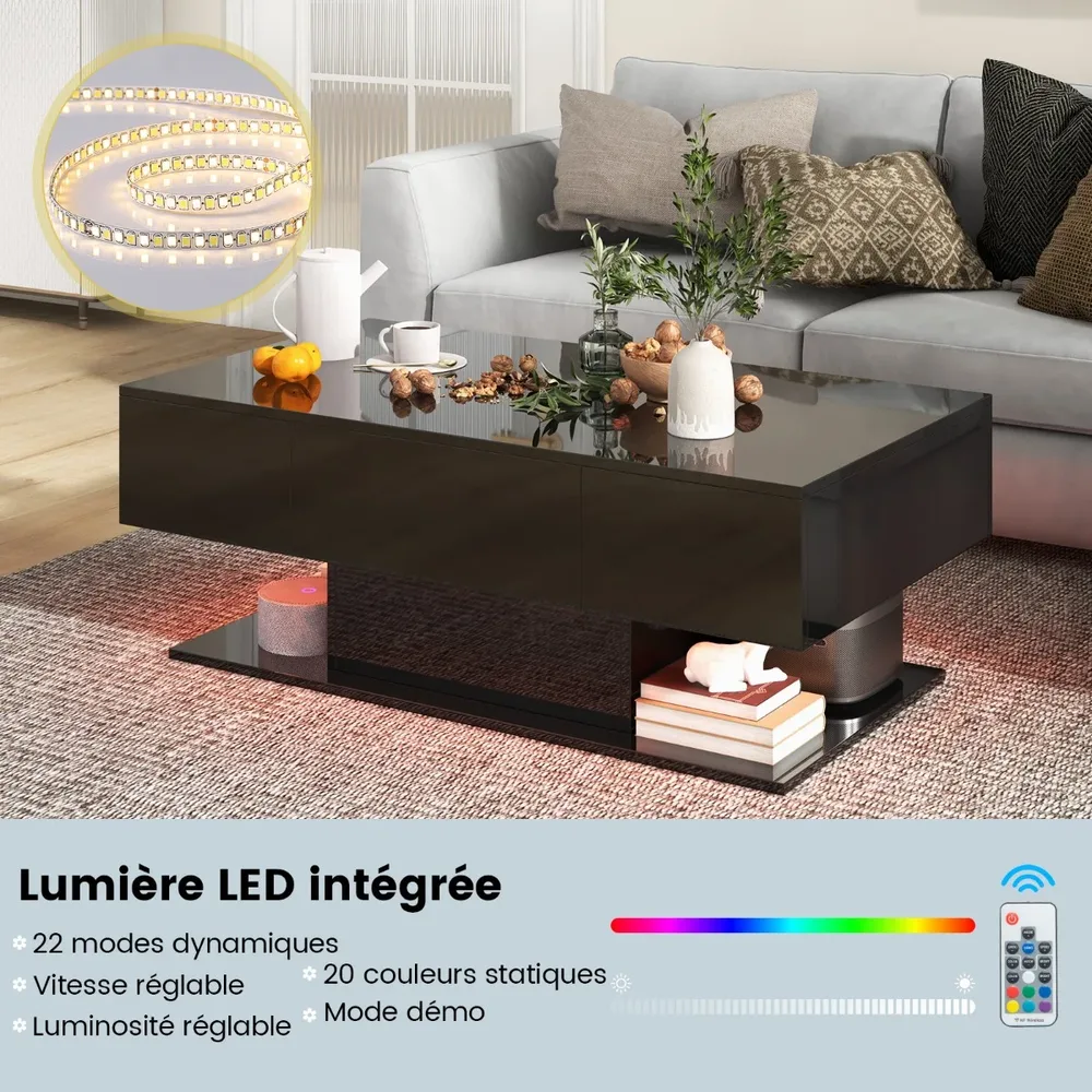Холна маса с висок гланц и LED осветление в 20 цвята, 110 × 60 × 40 см, черна, снимка 8