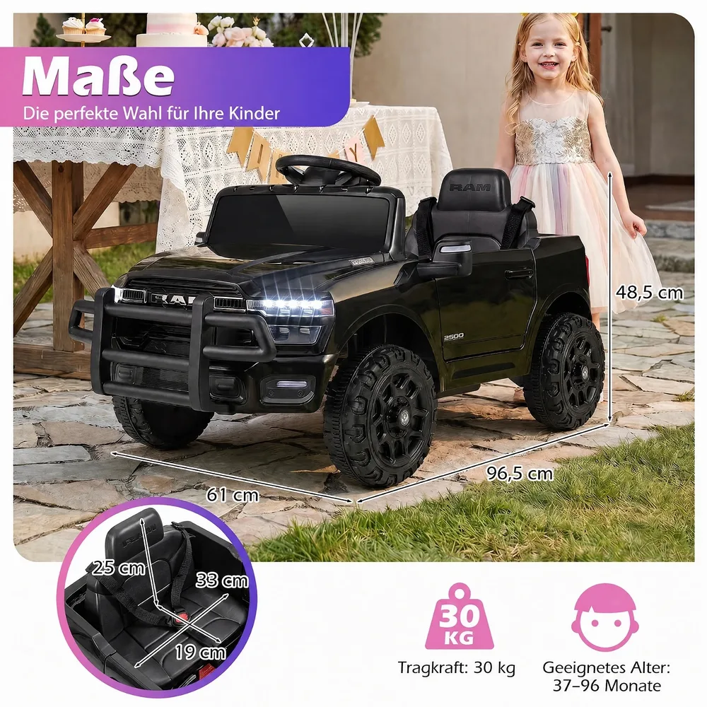 Детска електрическа кола RAM 3500 12 V с два мотора по 25 W, черна, снимка 3