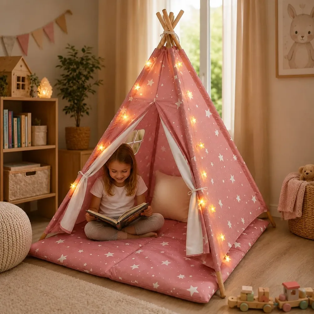 Детска памучна палатка Little Stars, типи, розова със звезди, 100% памук, с мека подложка с пълнеж, възглавница и LED лампички, 120x120x160 см, снимка 9