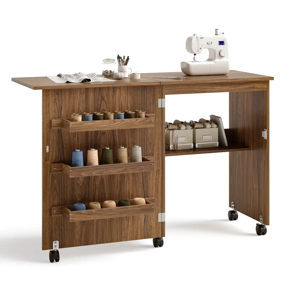 Сгъваема маса за шиене с рафт, 3 кутии за съхранение и колела, кафява, снимка 4