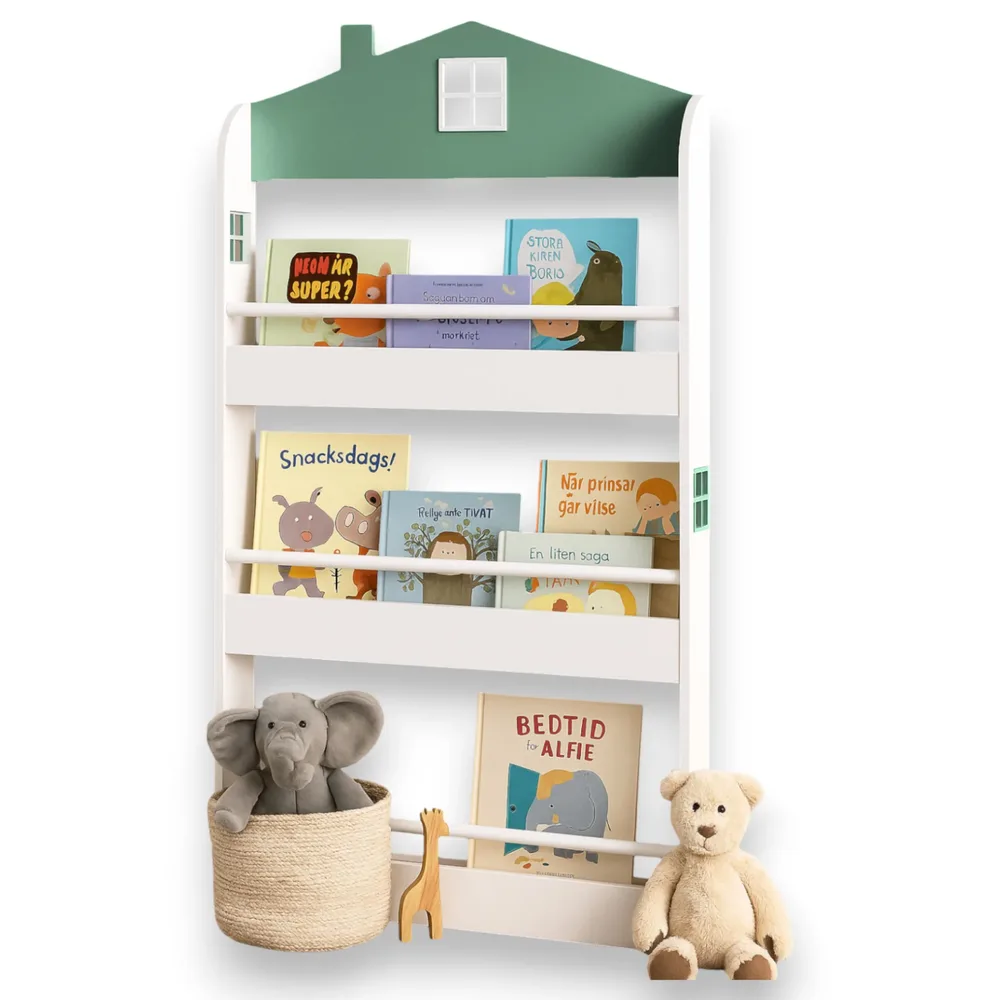 Детска етажерка за книги и играчки – къщичка, 3 рафта, дърво, 60x12x106 см, снимка 6