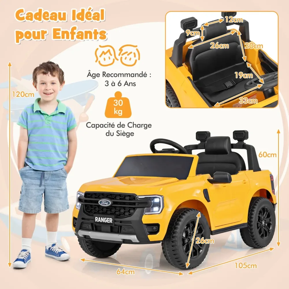 Детска електрическа кола Ford Ranger 12V с дистанционно, музика и кош за съхранение, жълта, снимка 4