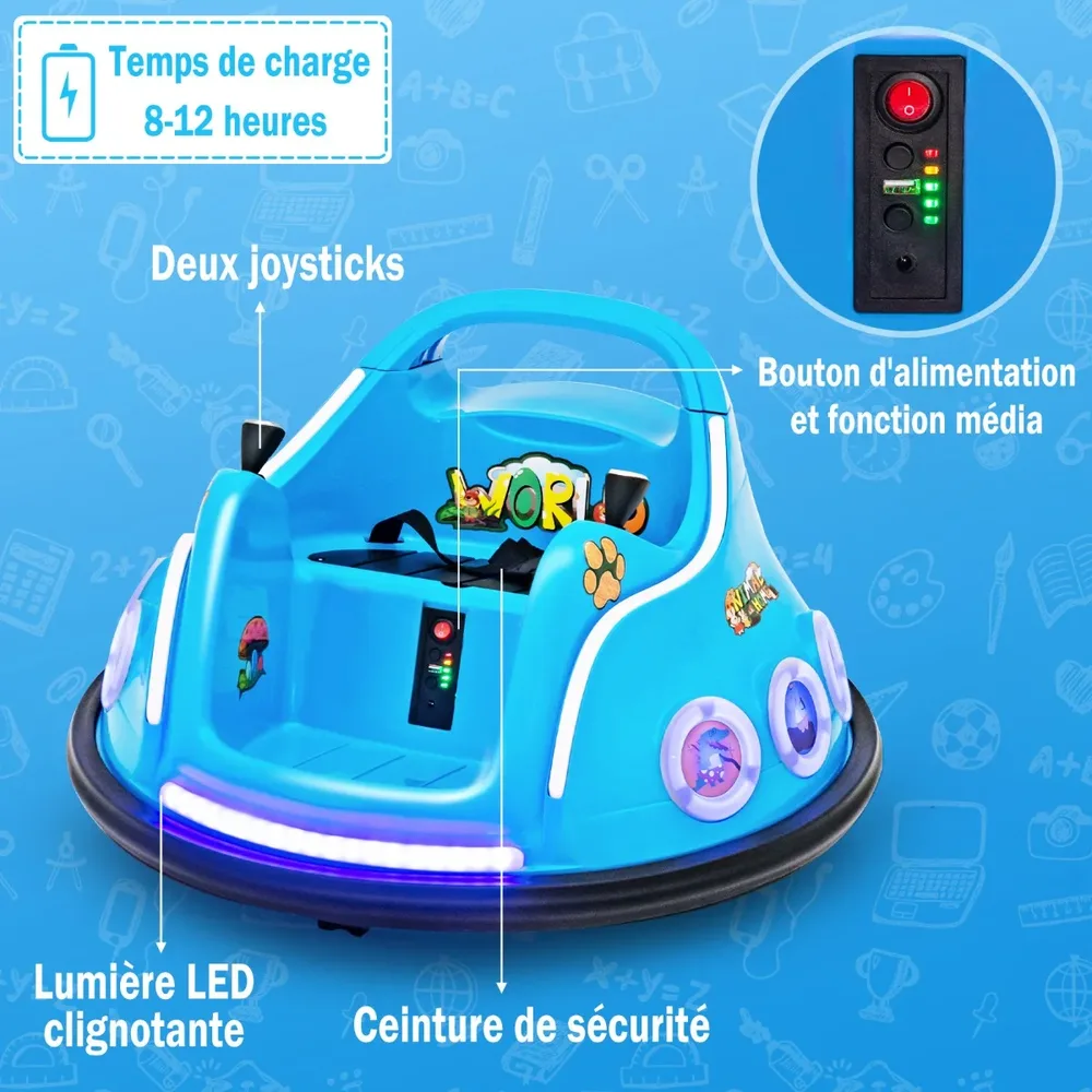 Детска електрическа бъмпер кола 12V с въртене на 360°, музика, светлини и дистанционно, синя, снимка 6