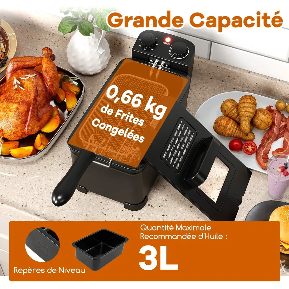 Електрическа фритюрница 3 л, 2000 W, с таймер и капак с прозорец, черна, снимка 4