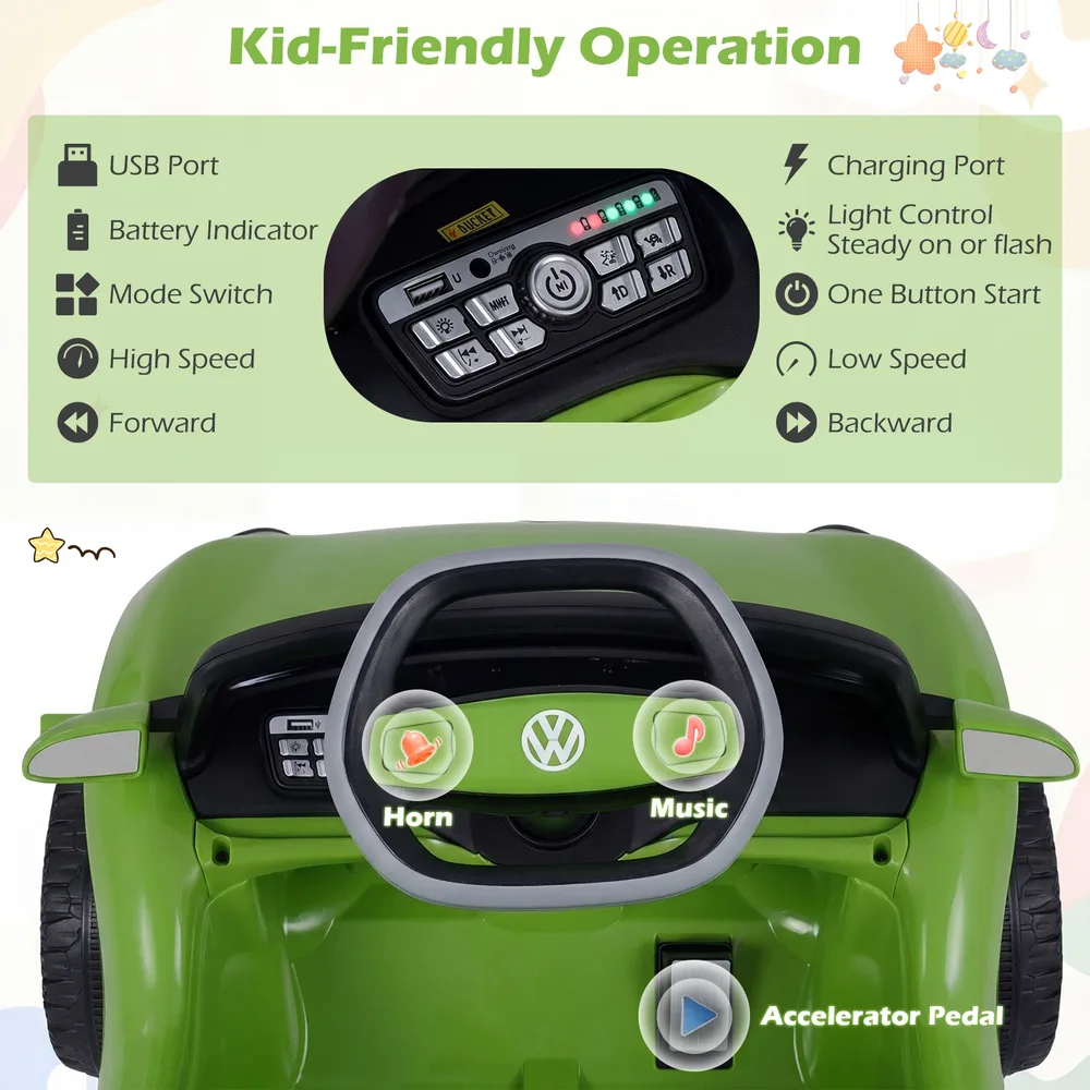 Детска електрическа кола Volkswagen 12 V с дистанционно, LED светлини и музика, зелена, снимка 6