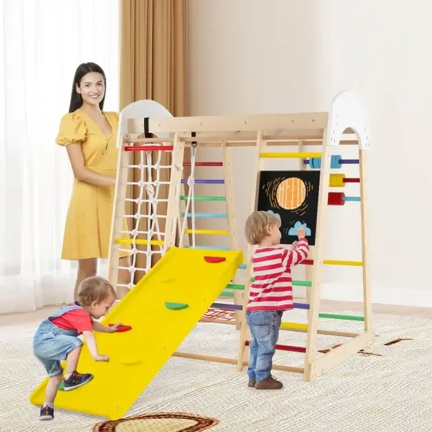 Дървен комплект за катерене с пързалка и люлка за малки деца, 124 × 119 × 138 см, многоцветен, снимка 2