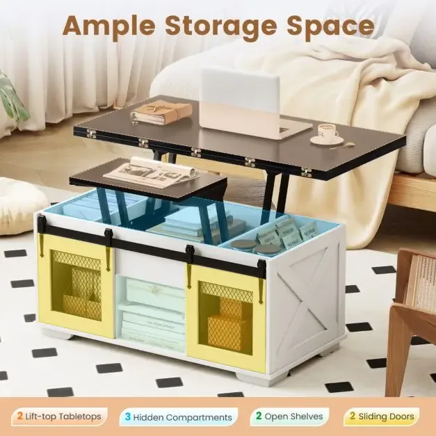 Холна маса 3 в 1 с повдигащ се плот и скрити отделения, черна/бяла, снимка 7