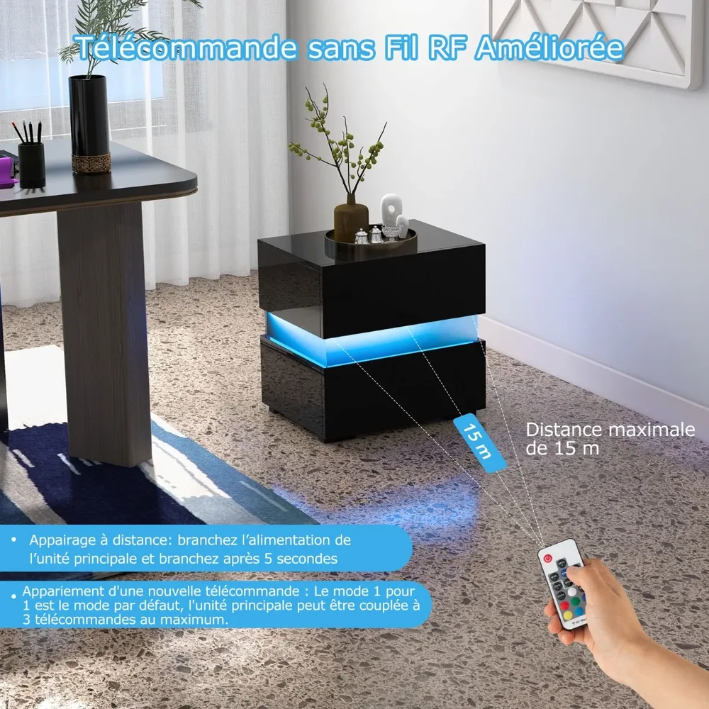 Комплект от 2 нощни шкафчета с LED осветление, 2 чекмеджета и висок гланц, черни, снимка 4
