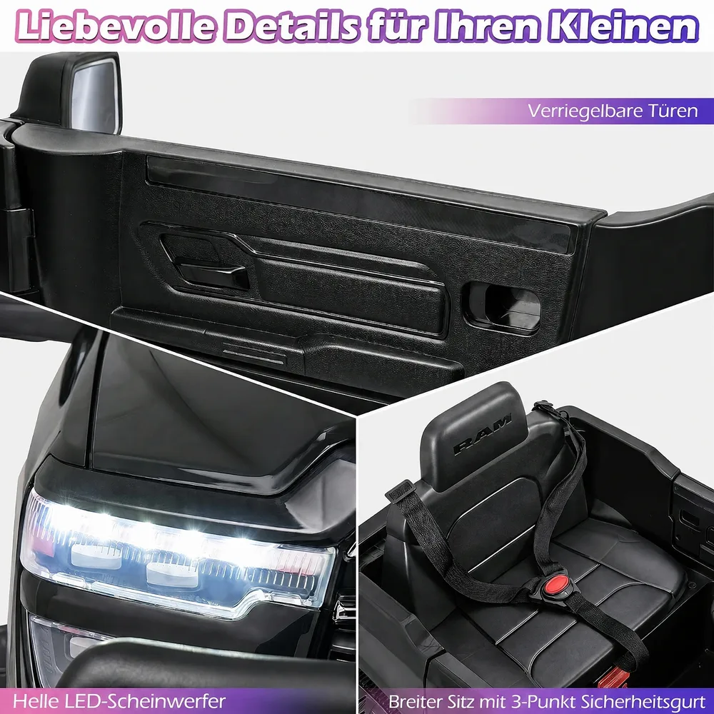 Детска електрическа кола RAM 3500 12 V с два мотора по 25 W, черна, снимка 5